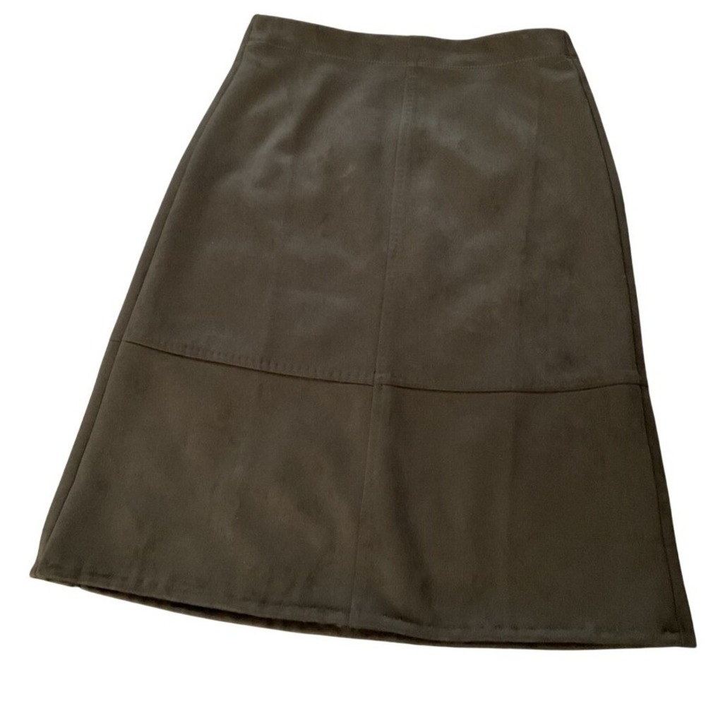 Max Studio London Olive Green‎ Faux Suede A-Line Paneled Midi Skirt Womens Small